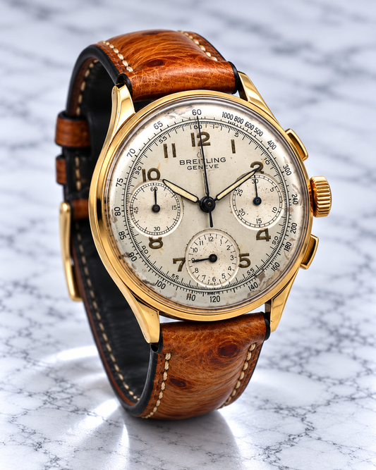 Breitling Chronographe Or 1950 – profil droit avec couronne et poussoirs