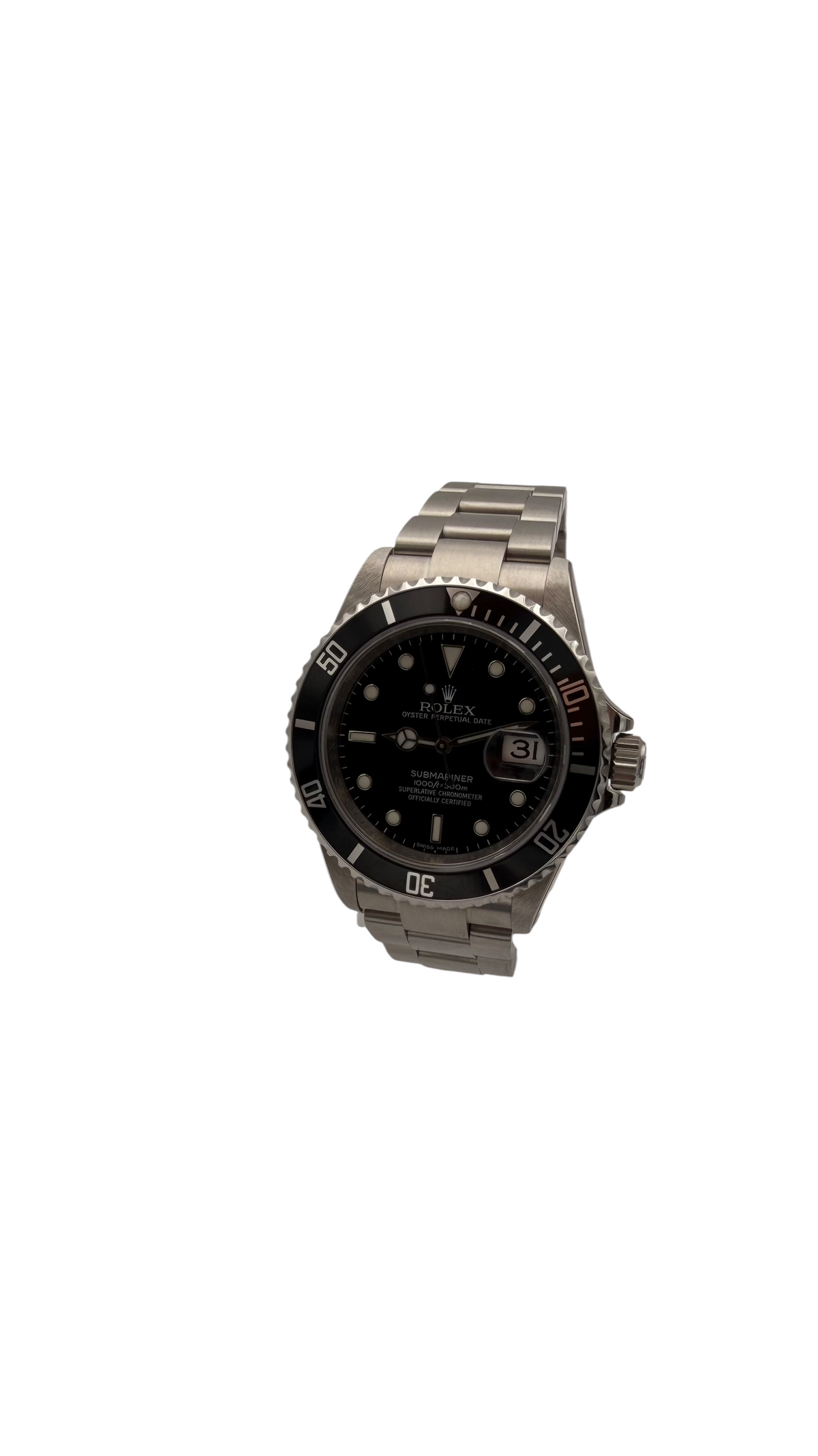 Rolex Submariner Date 16610LN montre de plongée professionnelle avec cadran noir et bracelet en acier.
