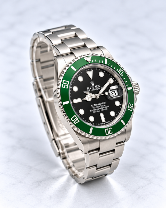 Vue du côté droit de la Rolex Submariner Kermit, mettant en valeur la couronne vissée et les protections du boîtier