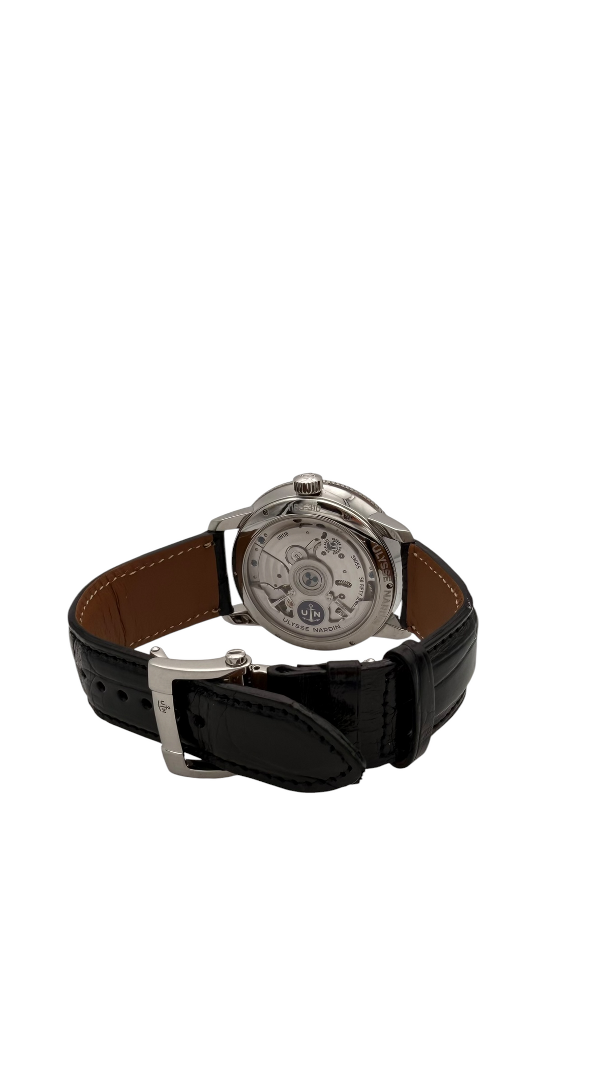 Vue arrière de la montre Ulysse Nardin Marine Torpilleur, présentant le fond du boîtier et les finitions horlogères.