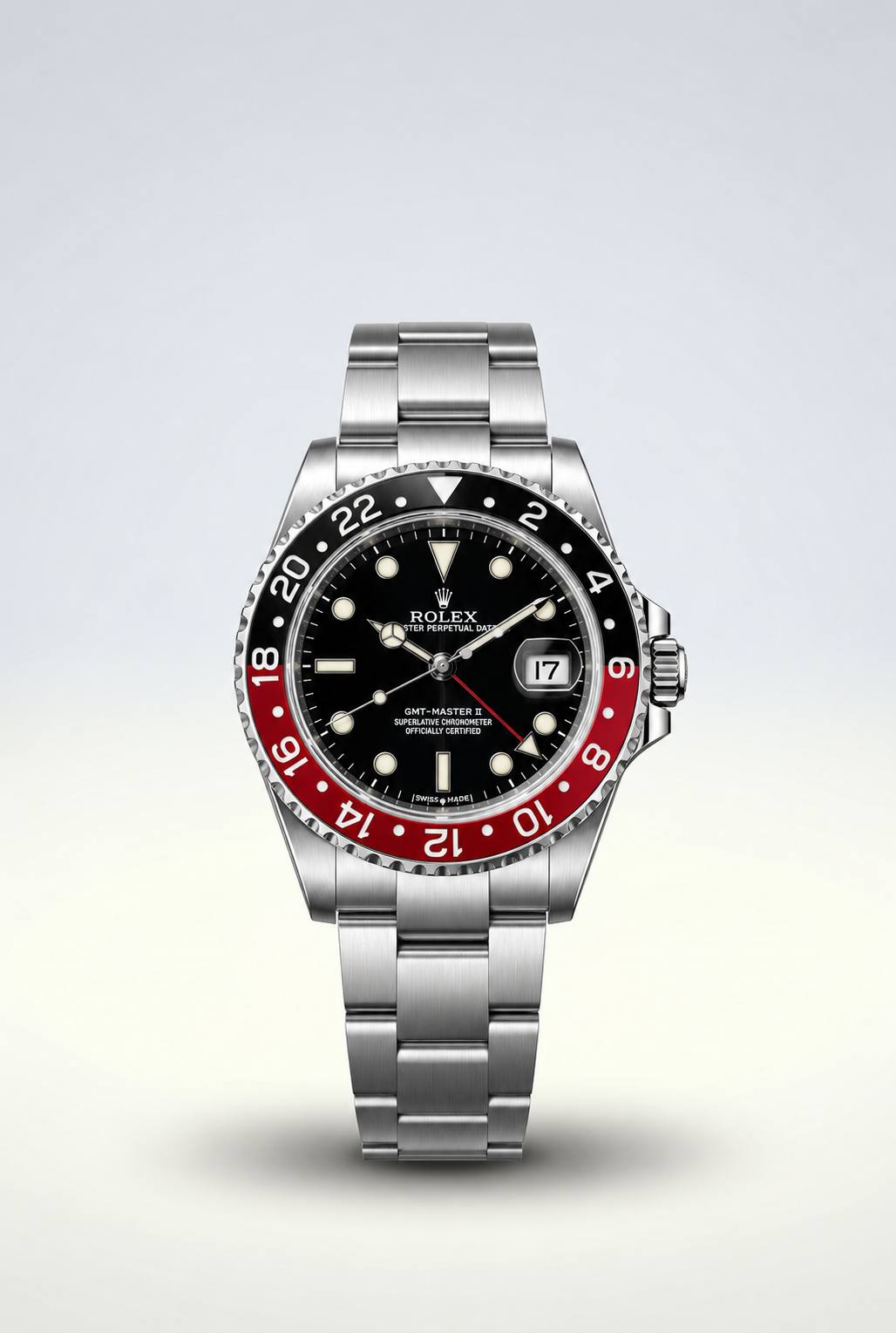 Rolex GMT-Master II Coke 16710 – vue de face avec lunette noire et rouge