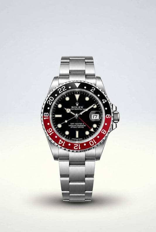 Rolex GMT-Master II Coke 16710 – vue de face avec lunette noire et rouge
