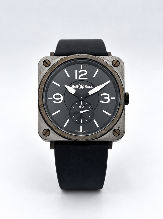Montre Bell & Ross BRS-98 vue de face, avec boîtier carré, cadran épuré et index inspirés des instruments de cockpit.