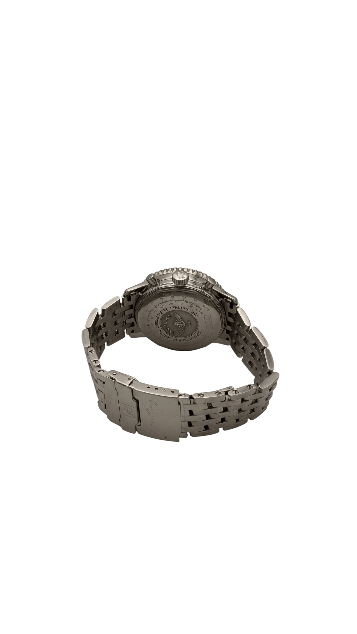 Montre Breitling Navitimer Cosmonaute A22322 vue arrière avec bracelet en acier.