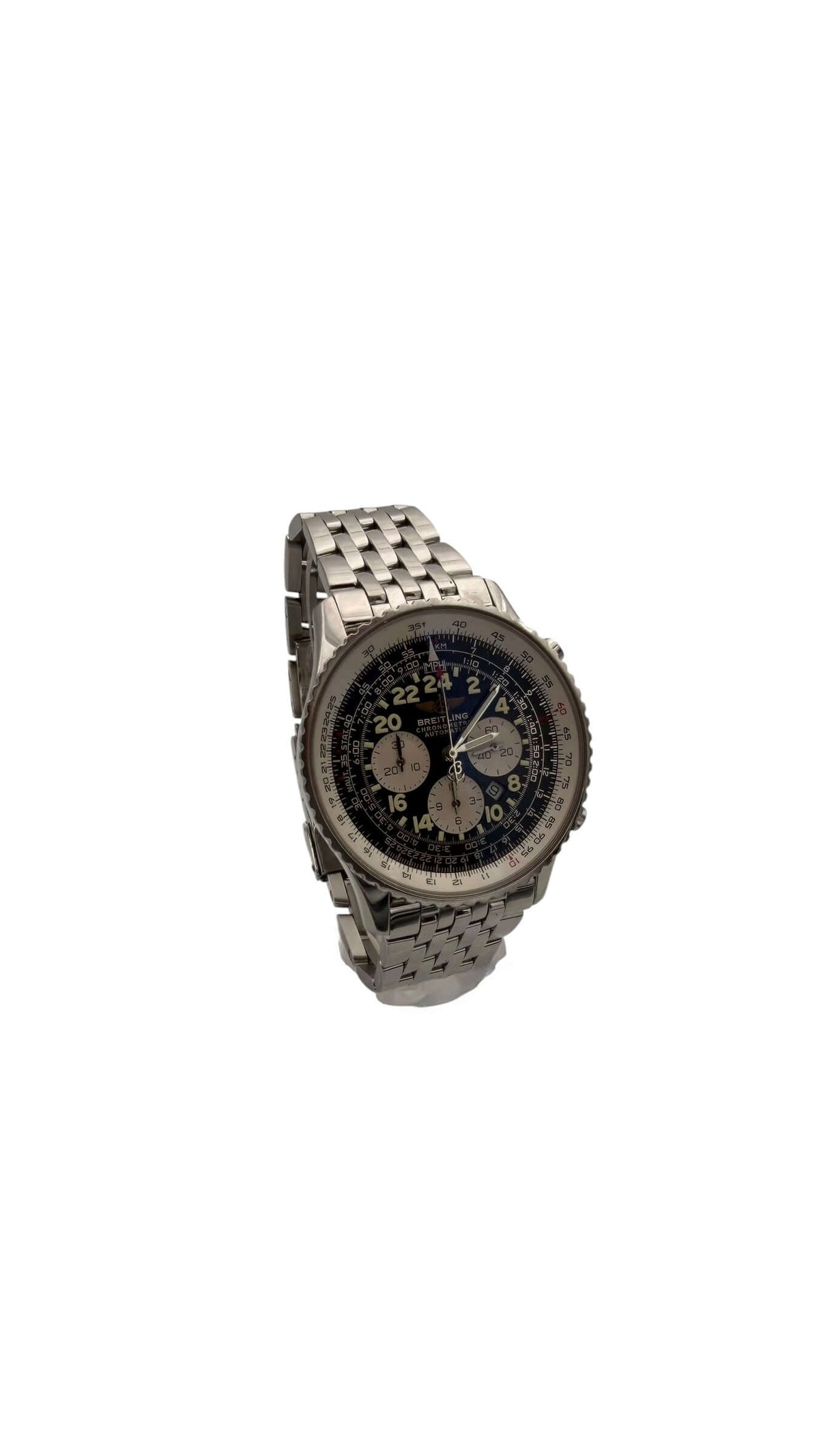 Vue du côté droit de la Breitling Navitimer Cosmonaute A22322, présentant la couronne et les poussoirs du chronographe