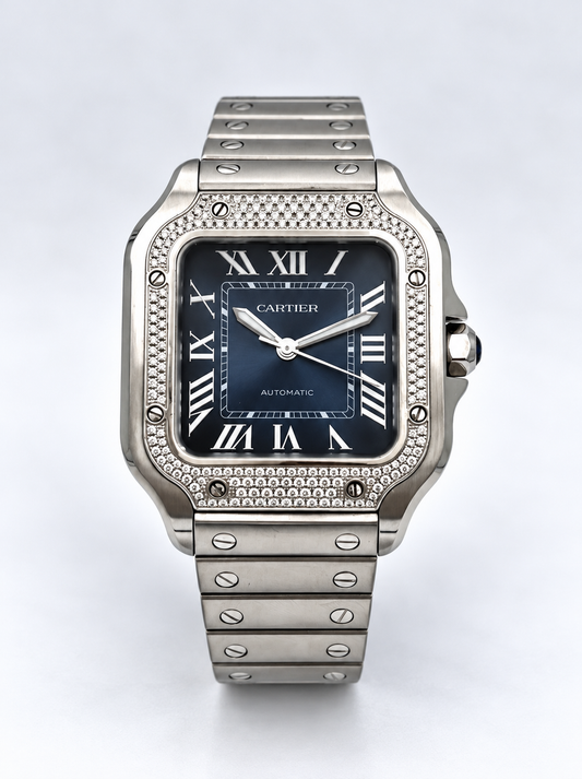 Cartier Santos Diamonds 4075 – vue de face et boîtier serti de diamants