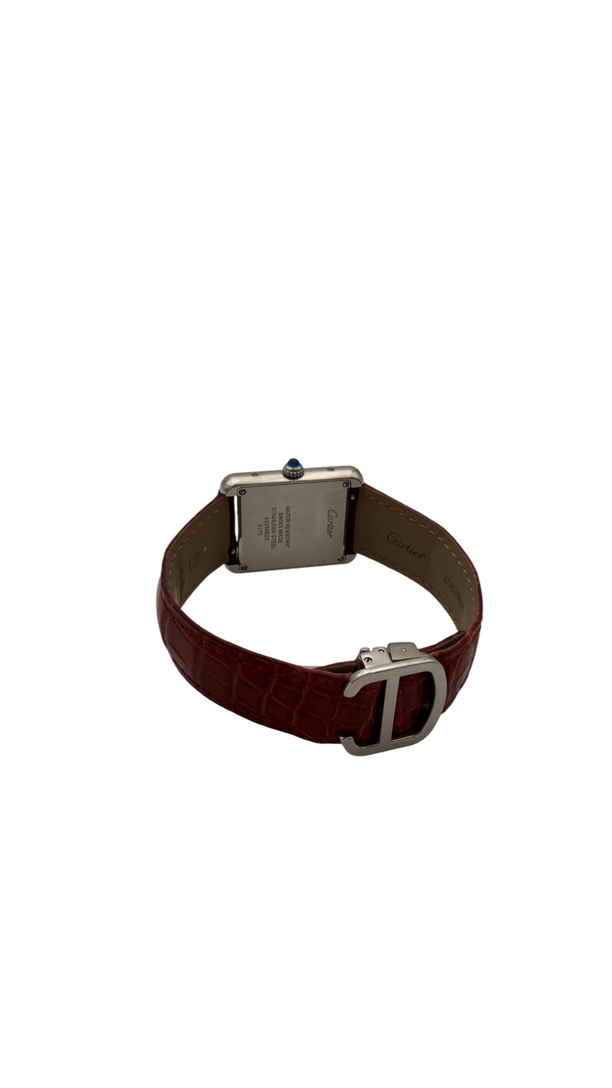 Vue arrière de la Cartier Tank Solo Petit Modèle réf. 3170, présentant le fond du boîtier et ses gravures d'origine.