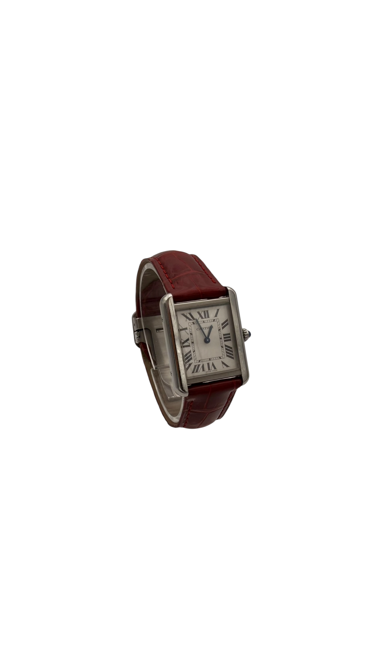 Vue du côté droit de la Cartier Tank Solo Petit Modèle 3170, montrant la couronne ornée d'un cabochon bleu.