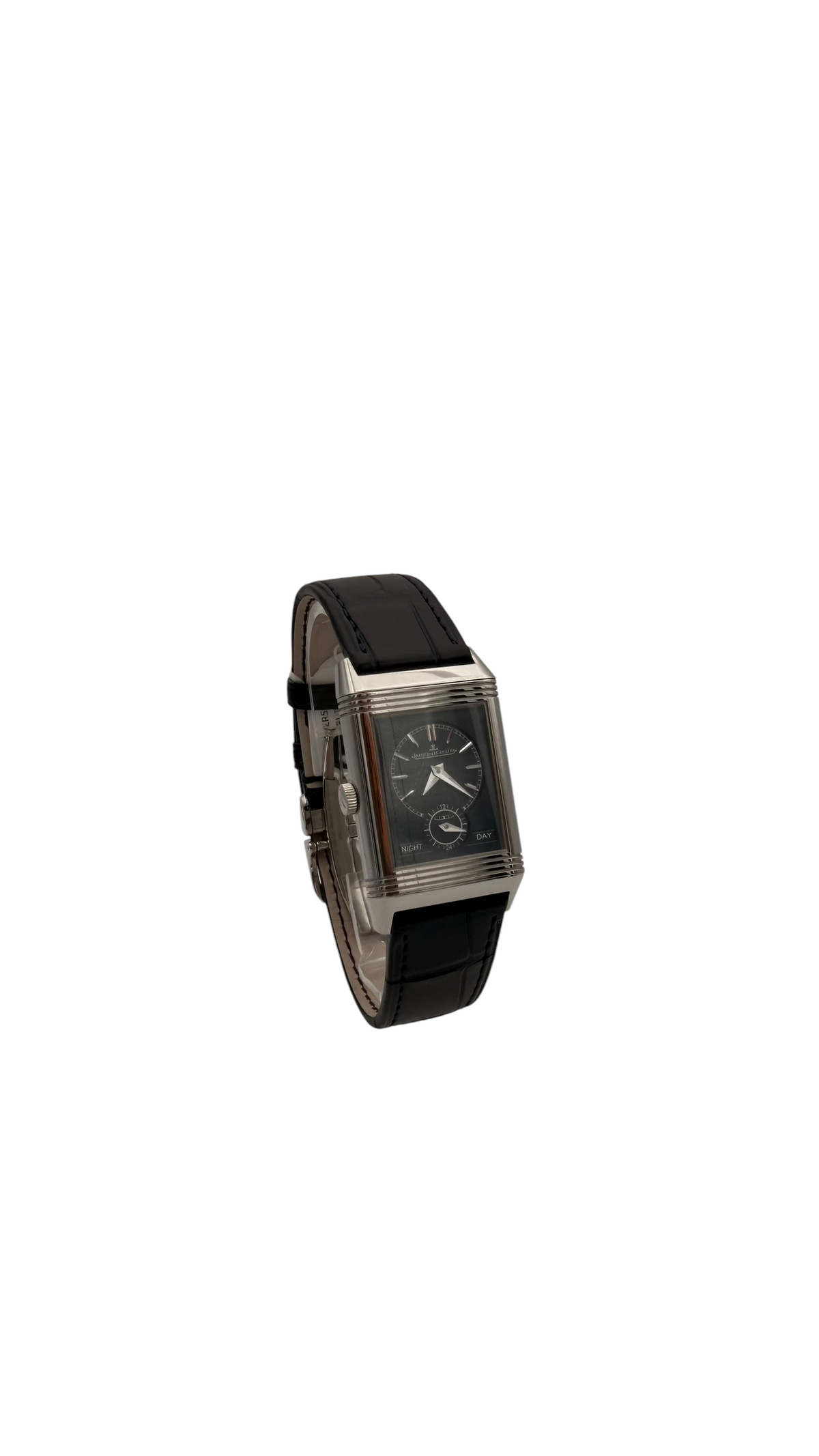 Vue du côté droit de la Jaeger-LeCoultre Reverso Tribute Duoface Q3908420, montrant la couronne et le boîtier réversible - face noir