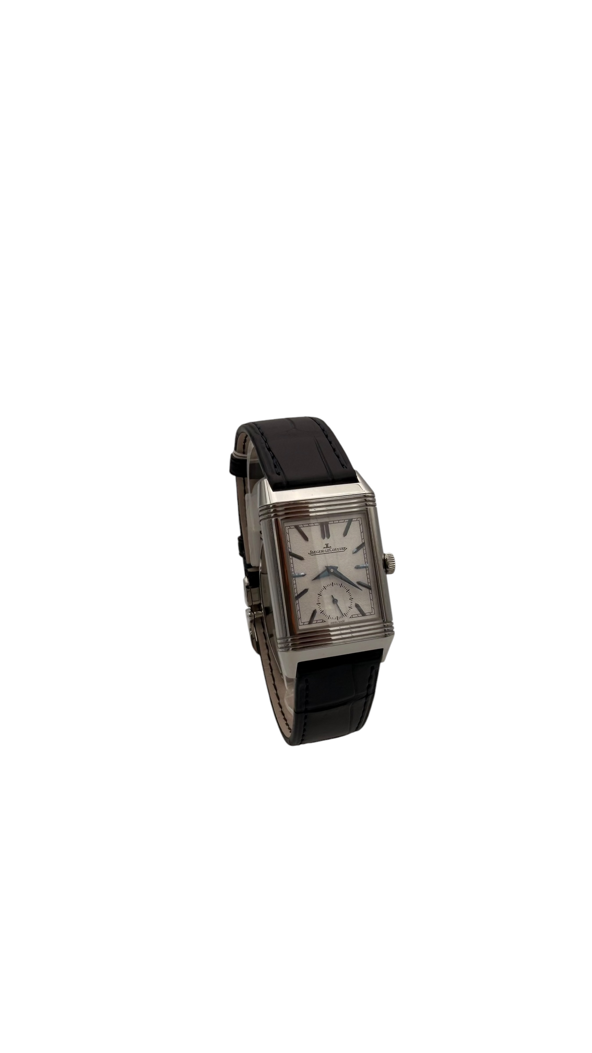 Vue du côté droit de la Jaeger-LeCoultre Reverso Tribute Duoface Q3908420, montrant la couronne et le boîtier réversible.