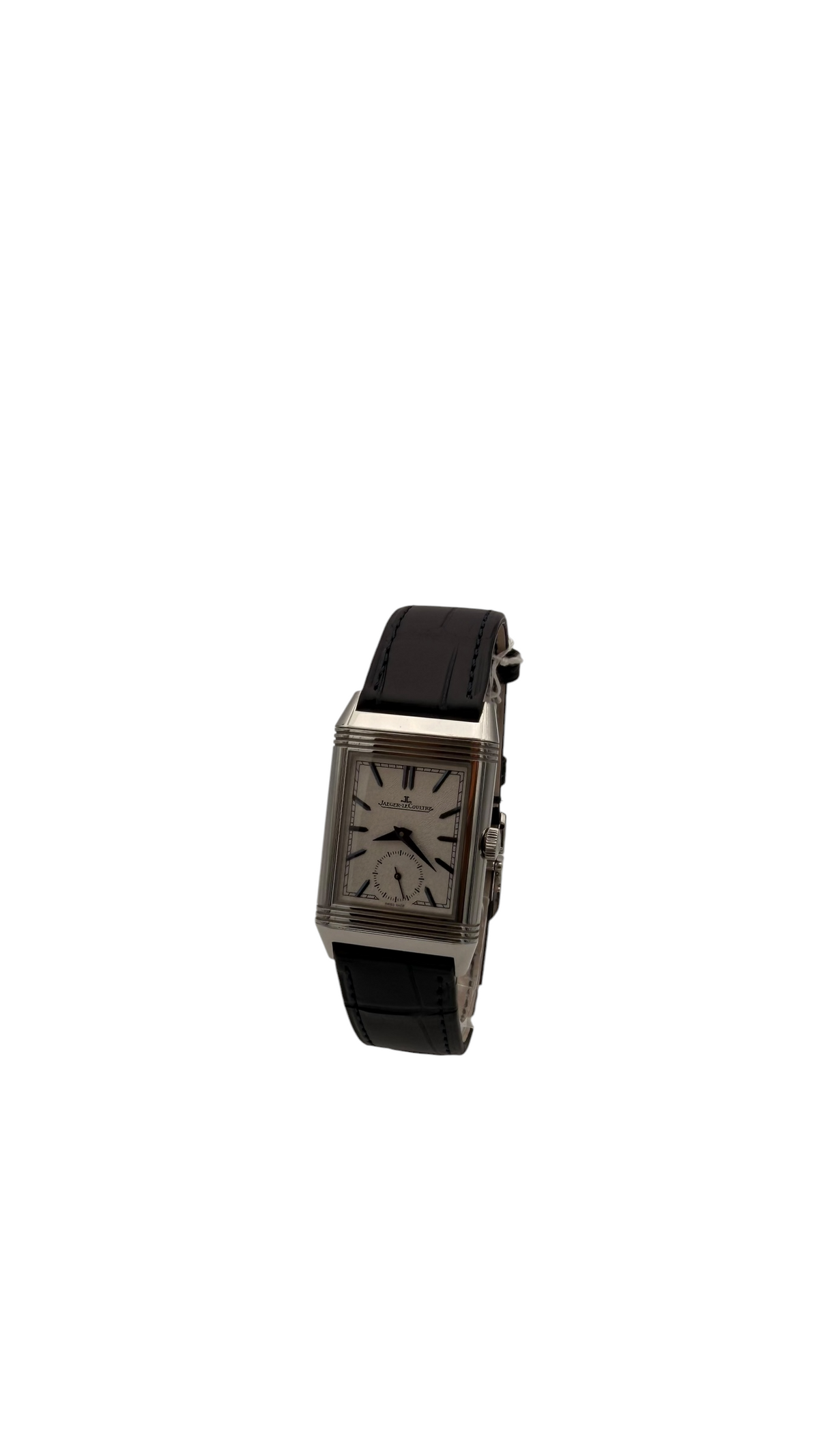 Montre Jaeger-LeCoultre Reverso Tribute Duoface Q3908420 avec cadran argenté et bracelet en cuir noir.