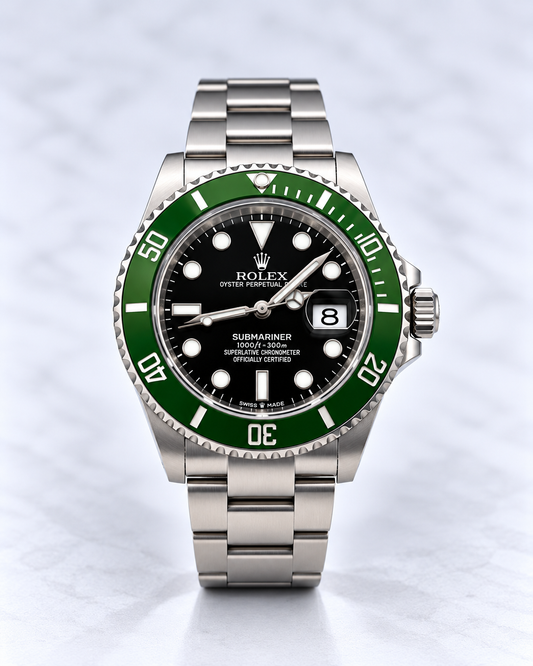 Montre Rolex Submariner Kermit vue de face, avec cadran noir, lunette verte et boîtier Oyster en acier inoxydable