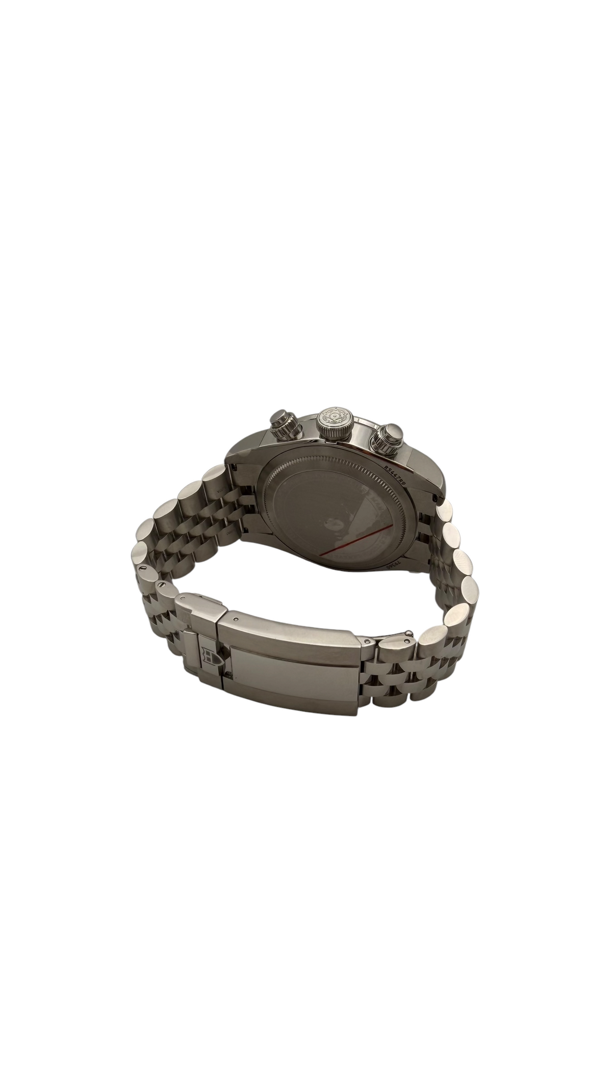 Montre Tudor Black Bay Chrono Panda 79360N arrière avec bracelet en acier inoxydable et fermoir.