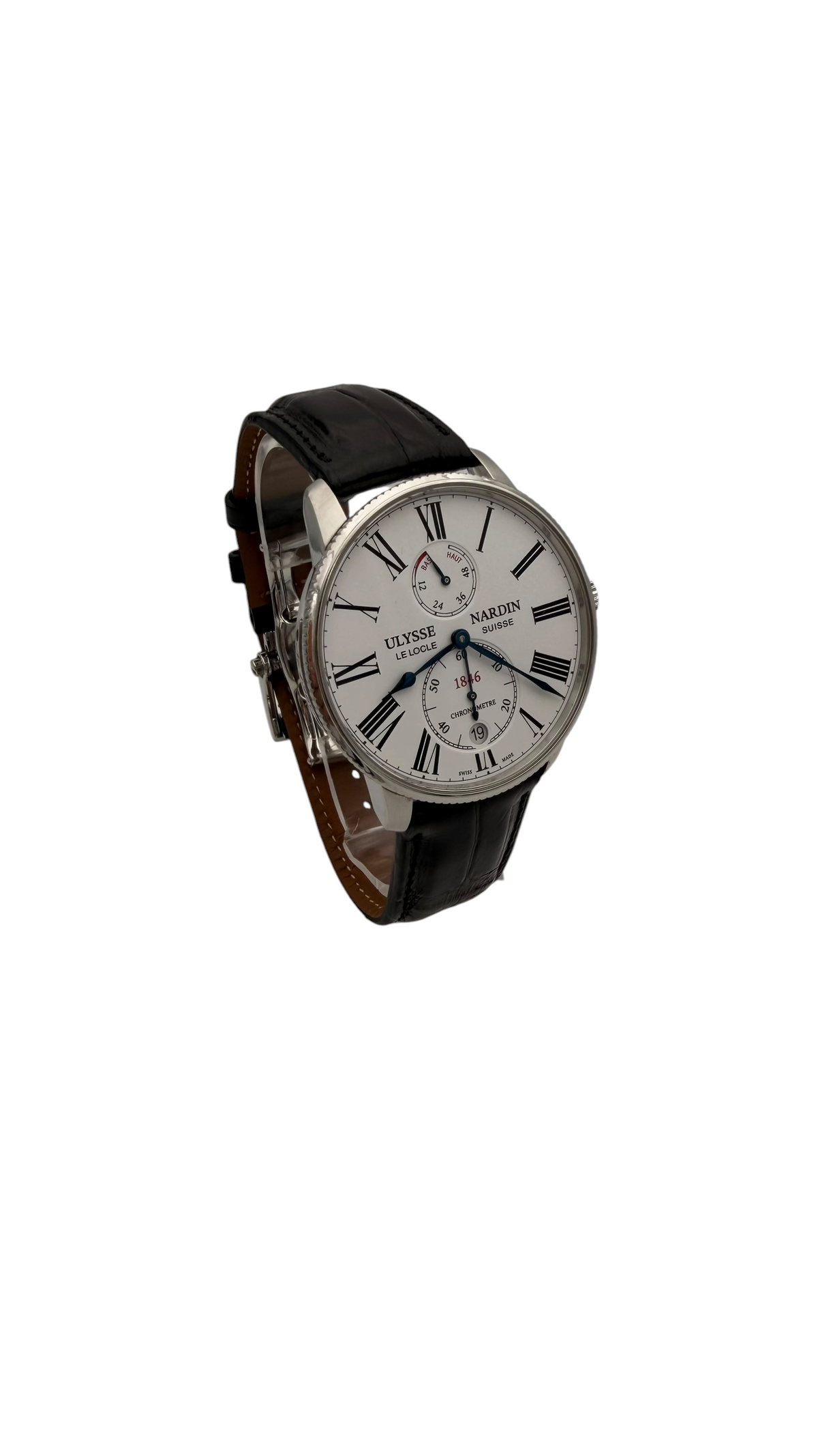Vue du côté droit de la Ulysse Nardin Marine Torpilleur, mettant en valeur la couronne de remontoir et les lignes élégantes du boîtier.